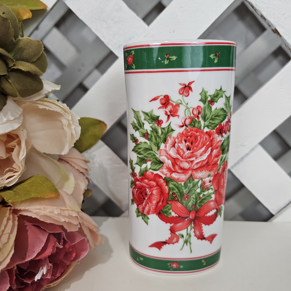 Vintage Lefton Floral Ceramic Vase with Red and Green Design